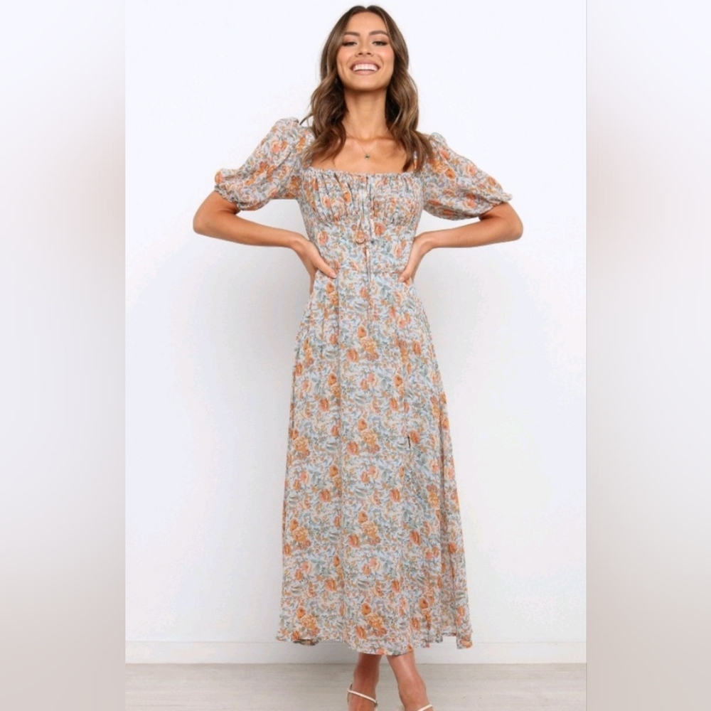 Petal & Pup Floral Midi Dress - Orange and Blue